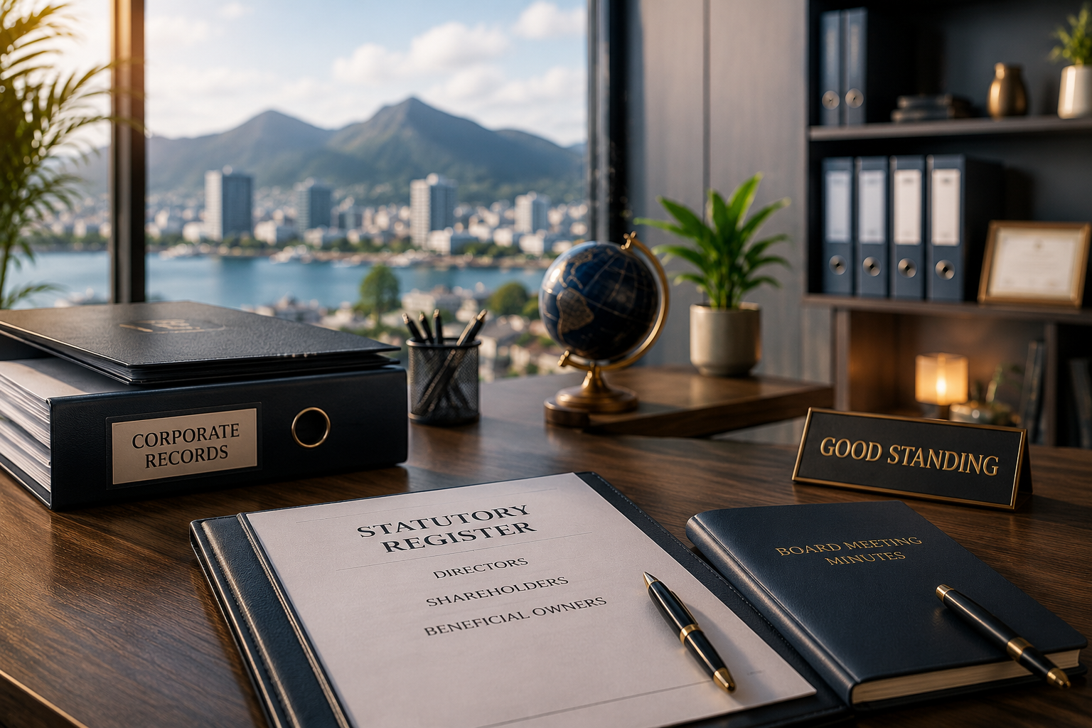 Corporate records and statutory registers on a premium desk overlooking Port Louis