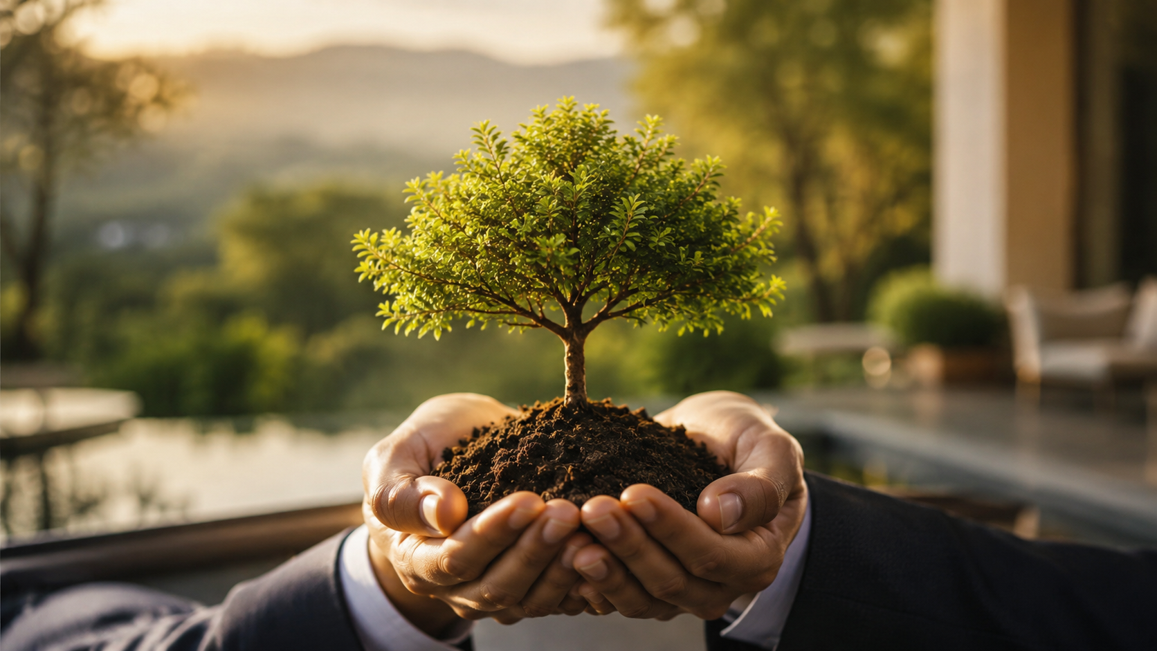 Hands holding a growing tree, symbolising trust, legacy and stewardship
