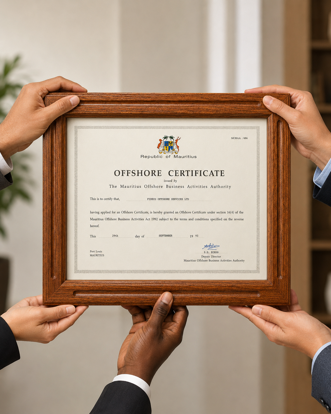 Fideco offshore certificate from the Republic of Mauritius