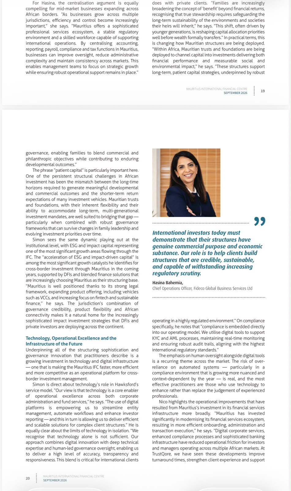 Mauritius International Financial Centre magazine spread featuring Hasina Bahemia’s perspective on governance and patient capital
